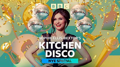 Picture of Sophie Ellis-Bextor in front of branding featuring confetti, kitchen utensils and disco balls. Text on the image reads: “Sophie Ellis-Bextor's Kitchen Disco NYE Special”