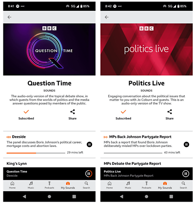 Screenshots of Question Time and Politics Live in BBC Sounds.