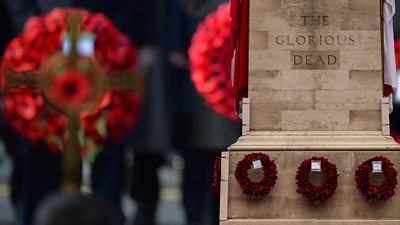 The Cenotaph, featuring wreaths of red poppies