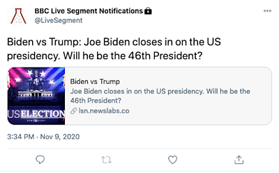 Screenshot of a tweet from the live segment notification Twitter account. Shows a programme description and a Twitter card that links to the programme segment.