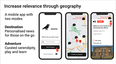 Examples of the designs for the Magpie mobile app.