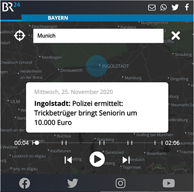 A screenshot of the interface of the &quot;Remix Regional&quot; mobile app centred on a map of Munich, Germany.