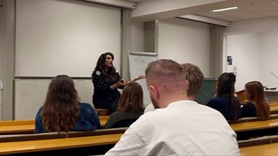 Natasha Asghar MS talking to students at Cardiff University