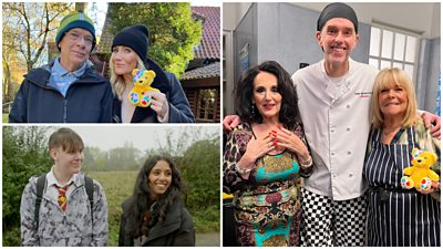 Composite image featuring three photographs of people. Top left is a photo of Eastenders' Ian and Cindy Beale (Adam Woodyatt and Michelle Collins) holding a small Pudsey bear toy. Bottom left is a photo of Waterloo Road’s Noel and Samia (Liam Scholes and Priyasasha Kumari). A large photo on the right features Birds of a Feather’s Dorien and Tracey (Lesley Joseph and Linda Robson), stood beside Emmerdale’s Marlon Dingle (Mark Charnock). 