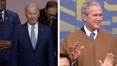 US President Joe Biden in San Francisco in 2023 and former US President George W. Bush in Peru in 2008
