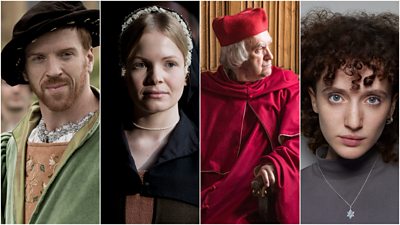 Three images from Wolf Hall series one featuring Damian Lewis, Kate Phillips and Jonathan Pryce and an acting headshot of Lilit Lesser