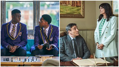 Two of the first-look images of Boarders side-by-side. On the left, Femi (Aruna Jalloh) and Omar (Myles Kamwendo) sit beside each in other in school uniform with a chess board on the table in front of them. On the right, Bernard (Derek Riddell) sits at a desk and looks up at Carol (Niky Wardley).  