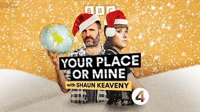 Artwork for Your Place or Mine with Shaun Keaveny. Featuring cutouts of Shaun Keaveny and Maisie Adam wearing red Santa hats, surrounded by snow-covered branding. 