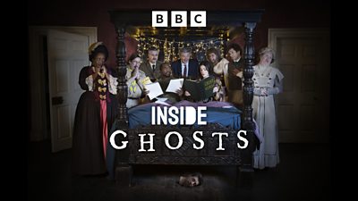 Artwork for Inside… Ghosts Christmas Special featuring the eight ghosts gathered around a four poster bed where Mike and Alison are reading. Text on the image reads: Inside Ghosts”