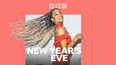 Artwork for 鶹Լ Sounds’ New Year’s Eve programming, featuring a woman dancing in a red dress, surrounded by confetti. 