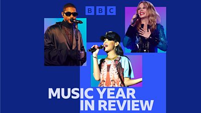 Artwork for 鶹Լ Sounds’ Music Year in Review, featuring pictures of artists on top of a blue and purple graphic. 