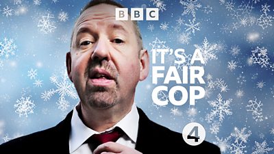 Artwork for It's a Fair Cop Christmas special featuring a man wearing a suit adjusting his tie.