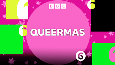 Artwork for Queermas on 6 Music featuring snowflakes and multi-coloured branding. 