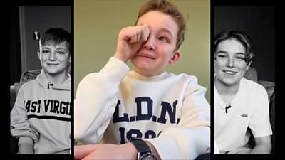 Boy rubs his eye as he makes tearful announcement in video