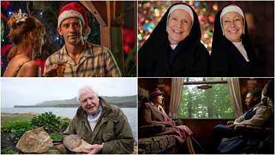 Clockwise from top left: Death in Paradise Christmas Special, Call The Midwife Christmas Special, Agatha Christie's Murder is Easy and Sir David Attenborough posting with fossils in Attenborough and the Giant Sea Monster