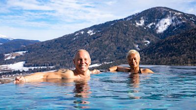 Rob Rinder and Monica Galetti pose in the pool at a hotel in the Italian Alps