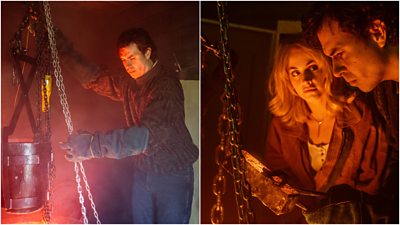 Left image of Tom Cullen wearing protective gloves pulling a bucket on chains with red hue from heat. Right image of Stefanie and Tom Cullen looking at something off screen. Red hue from heat
