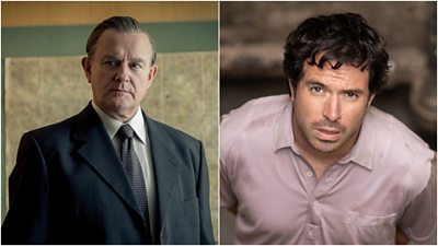 Left image of Hugh Bonneville wearing a suit and looking pensive. Right image of Tom Cullen looking up 