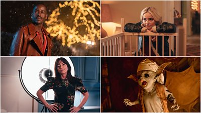 Clockwise from top left: Ncuti Gatwa as The Doctor standing outside in the dark on a snowy night, Millie Gibson as Ruby Sunday leaning on the edge of a cot, a goblin creature and finally, guest star Davina McCall