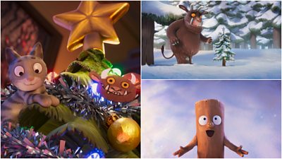 A trio of scenes from the animated Christmas idents. On the left, a kitten climbs a Christmas tree, which is lit by multicoloured lights and features a Gruffalo decoration. On the top right, the Gruffalo inspects a snowy Christmas tree in the forest. On the bottom right, one of Stick Man's stick children looks up in wonder and awe in a snowy scene