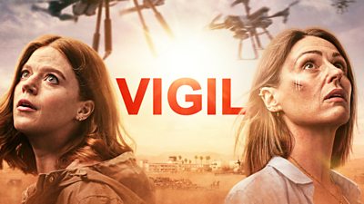 Vigil Series 2 artwork featuring photos of Rose Leslie and Suranne Jones looking to the sky. 