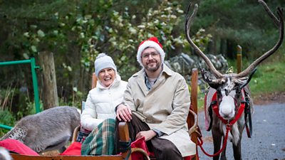 Mary Berry and Iain Stirling sit in a sleigh, wearing warm coats. Mary wears a bobble hat while Iain wears a Santa hat. A reindeer with large antlers stands in the background while another reindeer is partially visible on the left hand side of the image.