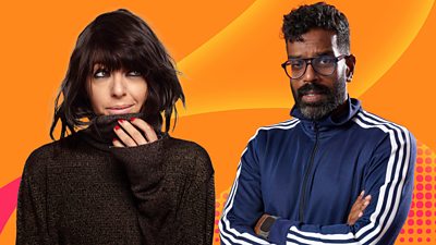 Claudia Winkleman and Romesh Ranganathan are pictured individually on an orange Radio 2 background. Claudia wears a dark jumper and glances to the side beneath her famous dark fringe. Romesh wears a navy tracksuit and has his arms folded.
