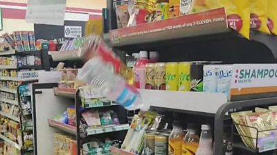 Groceries falling off a shelf during Philippines earthquake
