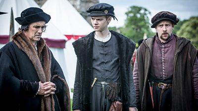 Mark Rylance as Thomas Cromwell, Thomas Brodie-Sangster as Rafe Sadler and Joss Porter as Richard Cromwell in series one of Wolf Hall