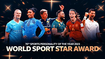 Composite image showing Erling Haaland, Simone Biles, Max Verstappen, Siya Kolisi, Aitana Bonmati, Novak Djokovic.  70th Sports Personality pf the Year 2023 World Sport Star Award in big bold text