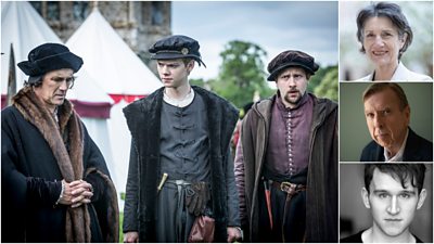 A collage of images. On the right, Mark Rylance as Thomas Cromwell, Thomas Brodie-Sangster as Rafe Sadler and Joss Porter as Richard Cromwell in Wolf Hall. On the top right, Dame Harriet Walter. Middle right, Timothy Spall. Lower right, Harry Melling.