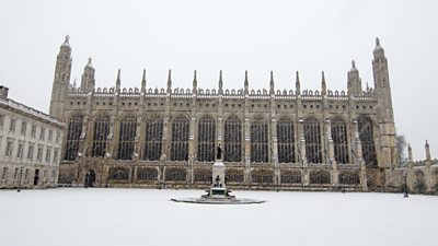Photo of King's College, Cambridge in the snow.