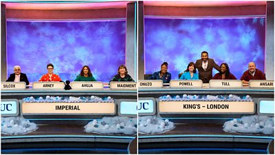 Two images side-by-side of contestants from the University Challenge Christmas Series. On the left are alumni from Imperial College London: Mark Silcox, Helen Arney, Anjana Ahuja, and Susannah Maidment. On the right are alumni from King’s College London with Amol Rajan stood behind the team: Chibundu Onuzo, Lucy Powell, Ayshah Tull and Ali Ansari.