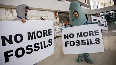 Three climate activists in costumes at COP28
