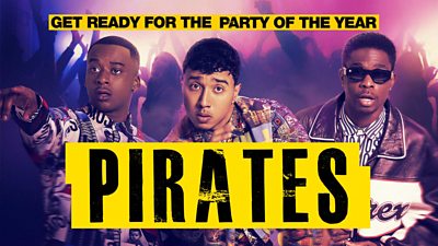 Three men stood in a nightclub with silhouettes of people partying in the background. Text on the image reads: “Get ready for the party of the year. Pirates.”