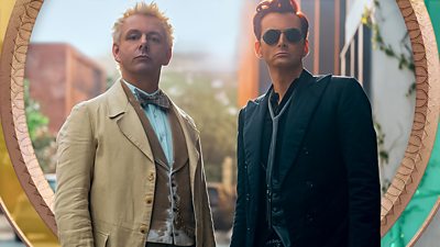 Image of Michael Sheen as Aziraphale and David Tennant as Crowley in Good Omens