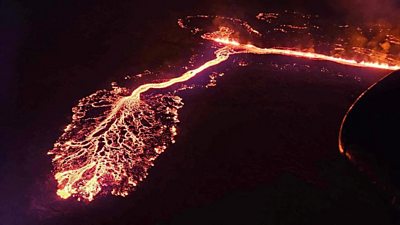 Aerial image of the lava flowing from the volcano