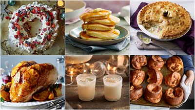 Top left to right: Pavlova, pancakes, a pie. Bottom left to right: A turkey crown, egg nog and a tray of Yorkshire puddings