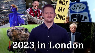 BBC London's Paul Murphy-Kasp surrounded by images of 2023 in London