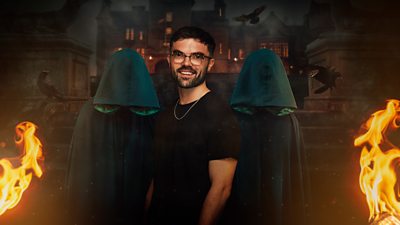 Ross stands in front of two cloaked figures outside the castle at night. Flames burn on either side of them and black crows fly in the background.