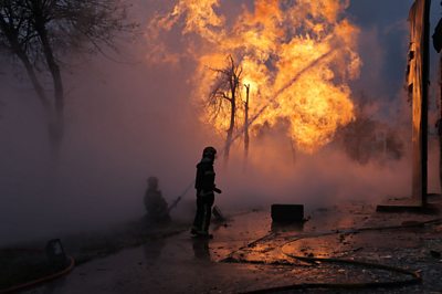 Gas pipeline on fire in Kyiv after a Russian attack