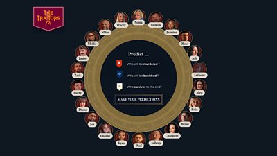 Screengrab from The Traitors online game. A wheel featuring photos of each of the 22 contestants sits on a black background. Text in the centre of the wheel reads: “Predict… Who will be murdered? Who will be banished? Who survives to the end? Make your predictions.” 