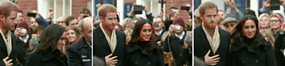 Harry and Megan meeting crowds. Red boxes identify the faces in the pictures
