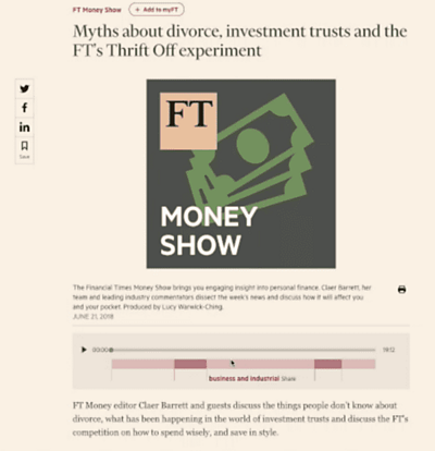 A screenshot of the tagged and segmented podcast timeline of the Financial Times Money Show podcast