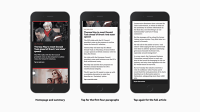 Screenshot of headlines prototype showing stories about Theresa May