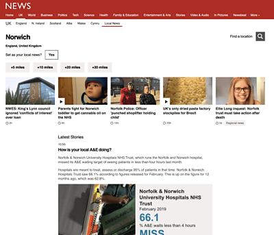 Screenshot of the Norwich topic page on the BBC News website