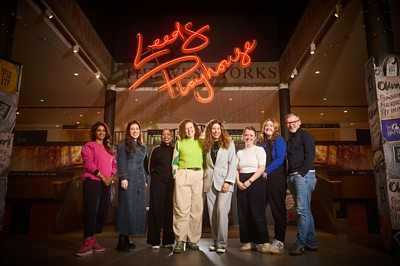 Kirsty Taylor with Kay Mellor's daughter Gaynor Faye and the team behind the Kay Mellor Fellowship (Photo credit: David Lindsay)