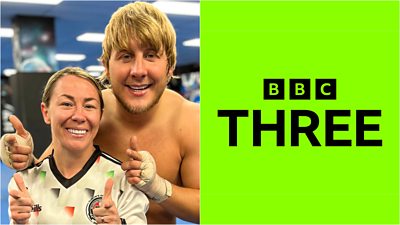 Left image of Paddy Pimblett and Molly McCann with their thumbs up and smiling. Right is BBC Three in black text on a lime green background 