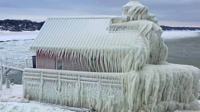 A pier building Frcovered in ice