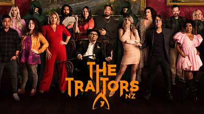 The Traitors NZ featuring host Paul Henry and a group of contestants. 